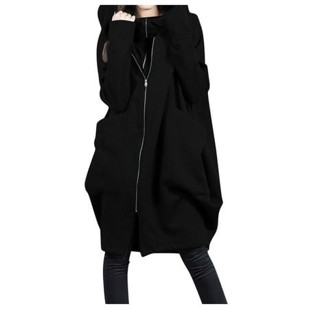 Women Full Zip Hoodie Ladies Long Cardigan Hooded Cardigan Jacket Coat Top Dress Casual Jackets Coats for Women Black XL