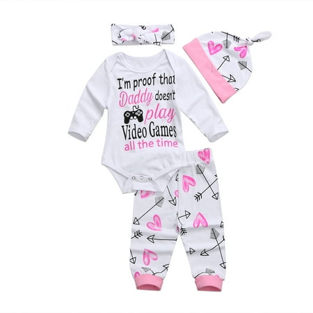 

Mxiqqpltky 4PCS Newborn Baby Girl 4PCS Set Long Sleeve Letter Print Romper Floral Pants Hat Headband Outfit
