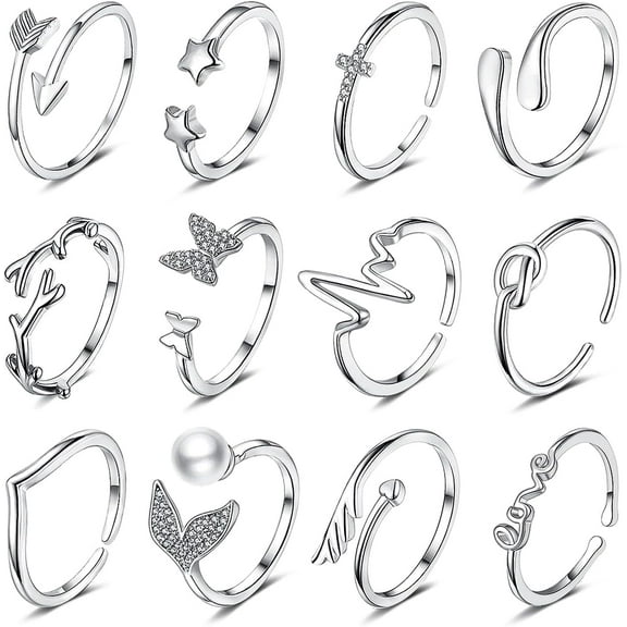 14K Gold/Silver Plated Stacking Rings for Women Gold Silver Adjustable Knuckle Rings for Teen Arrow Knot Wave Stackable Dainty Thumb Open Rings Set