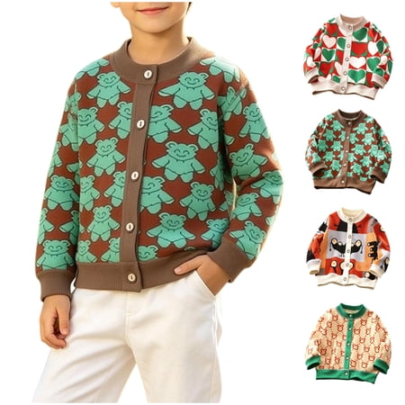 WAVSUF Boys Sweater Cardigan Cartoon Printed Button Down Long Sleeve Spring Casual Top Beige 5