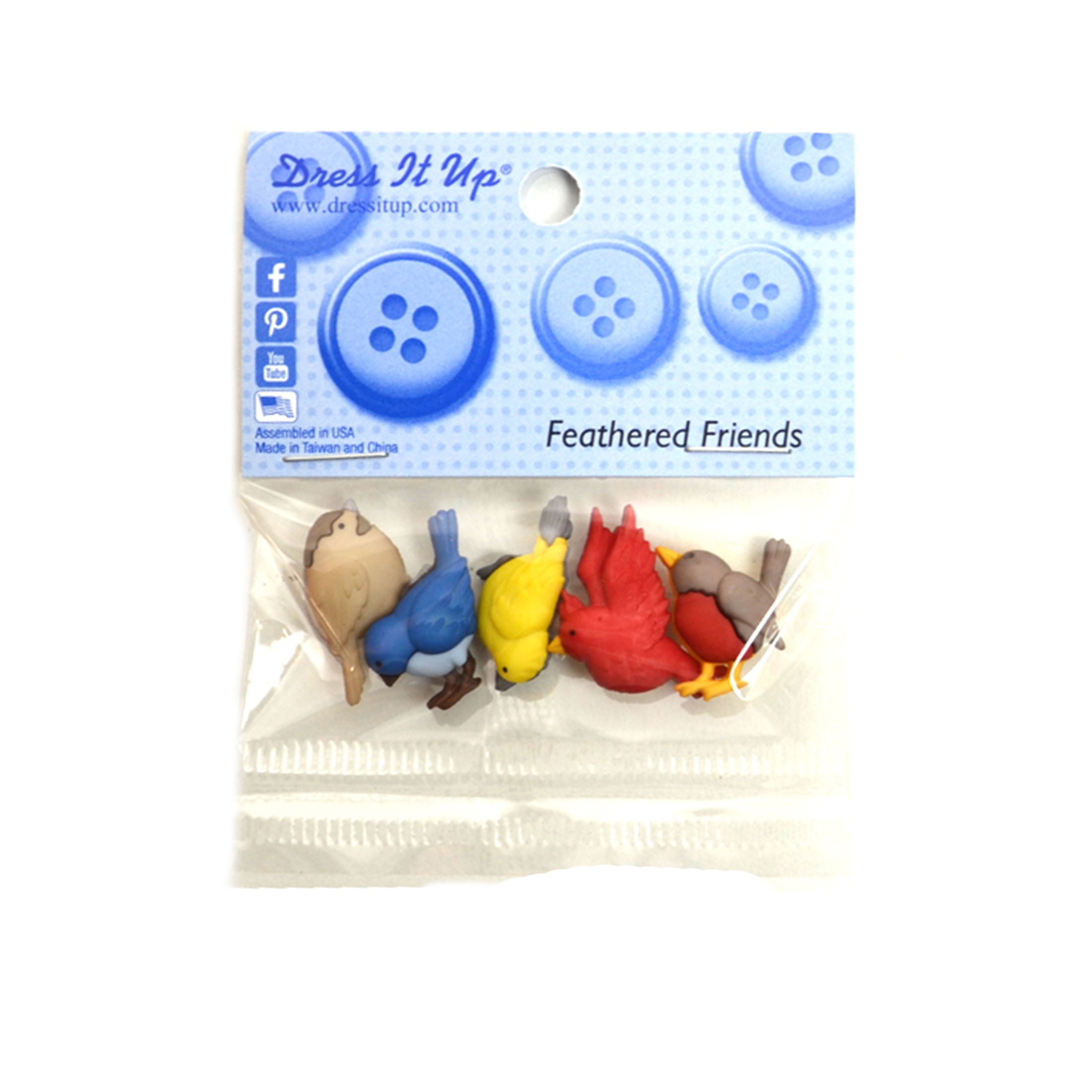 Dress It Up Buttons, Feathered Friends Craft & Sewing Fastener Buttons, Plastic, Multi Color, 6 Pcs.