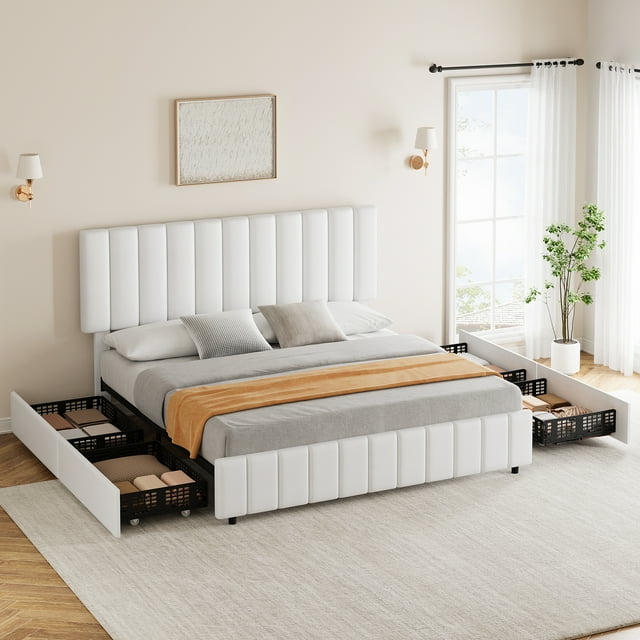 Garvee Linen Upholstered Platform Bed Frame with 4 Storage Drawers, Adjustable Headboard, Wooden Slats Support, No Box Spring Needed Queen, White. This queen-size bed frame features a white linen fabric with a vertical pattern design, a customizable headboard adjustable to fit 6-12 inch mattresses, and four spacious drawers with wheels for smart storage solutions. The sturdy wooden slats provide support for up to 800 pounds, ensuring a quiet and restful sleep. Ideal for bedroom furniture setups, the bed is shown in a bright, minimalist room with natural light and neutral decor.