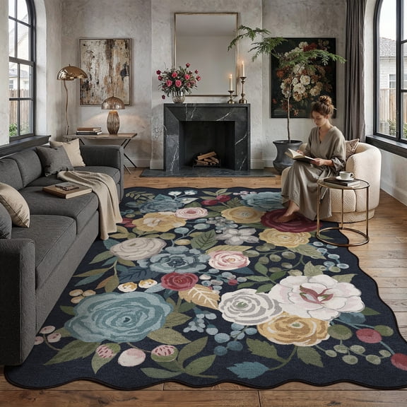 BERTHMEER 5'x7' Scalloped Area Rugs for Living Room Floral Vintage Rugs for Bedroom Farmhouse Non Slip Washable Navy Hand-Painted Watercolor Roses Carpets Blush Pink Dusty Blue Flower Throw Rugs