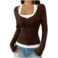 thumbnail image 2 of Hvyesh Women's Long Sleeve Patchwork Shirts Y2K Going Out Tops Halter Neck Slim Fitted T Shirts Trendy Streetwear, 2 of 7