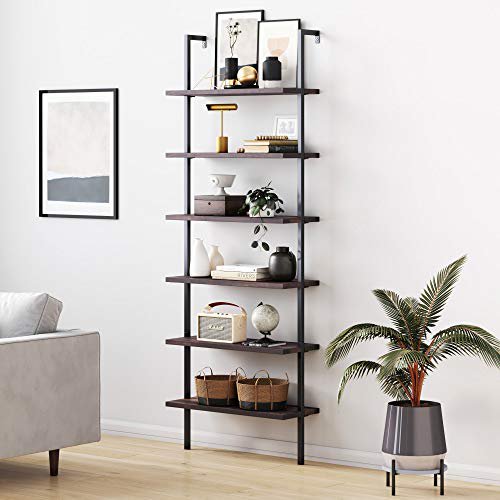 Nathan James Theo Bibliothèque Haute à 6 Tablettes, Étagère Murale avec Fini Bois Naturel et Cadre Industriel en Métal, Muscade/noir Mat