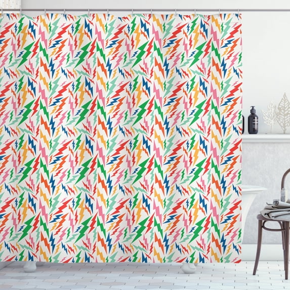 Colorful Shower Curtain, Hipster Pattern with Thunder Bolts and Retro Effect Fun Youth Teen Design Zigzags, Fabric Bathroom Set with Hooks, 69W X 70L Inches, Multicolor, by Ambesonne