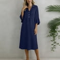 thumbnail image 5 of FDGIU Women's Collared V Neck Half Button Bell 3/4 Sleeve Loose Linen Midi Dress, Casual Office Work Spring Fall Home Lounge Straight Mid Length Dresses, 5 of 6