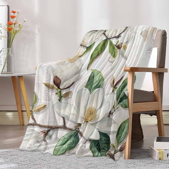 Fleece Blanket Farmhouse Flowers Magnolia on Retro Blankets, Soft Cozy Warm Flannel Throw Blanket, Vintage Green Plants Blanket for Bed Couch Sofa,30x40In