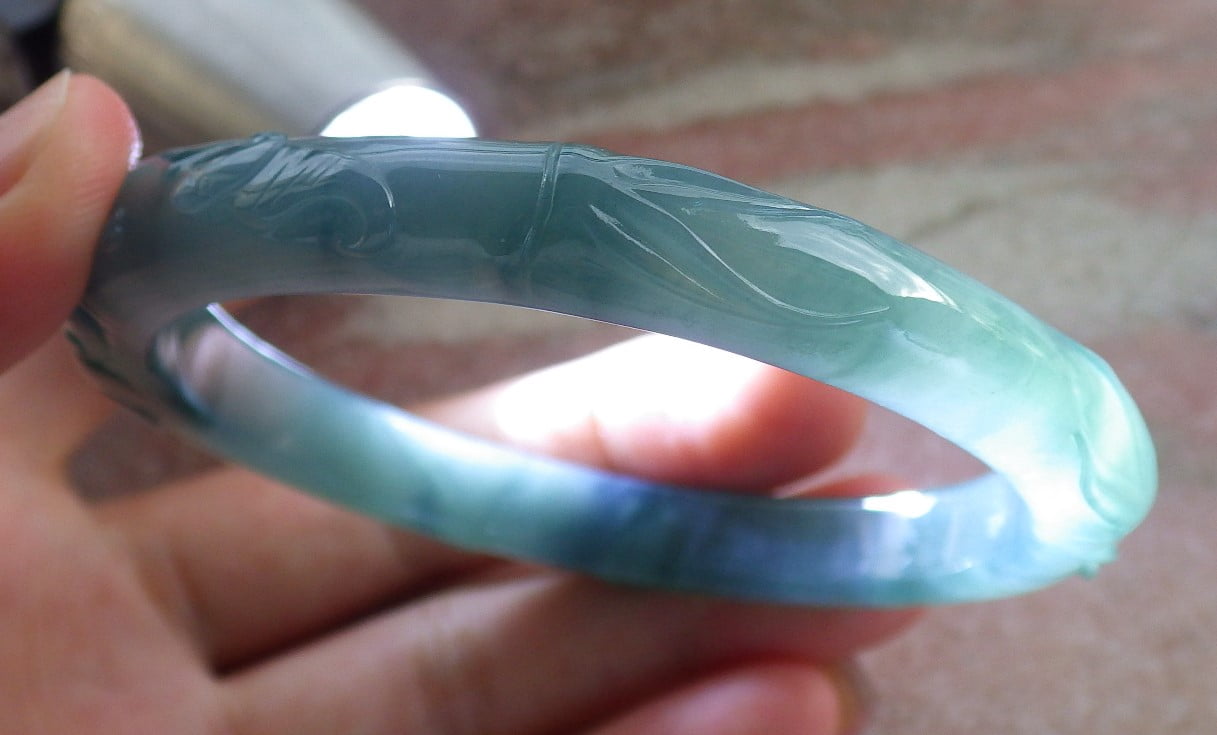 Icy Lavender Green Natural A JADE Jadeite Bat Ruyi Bamboo Bangle Bracelet 58 mm 683932 T