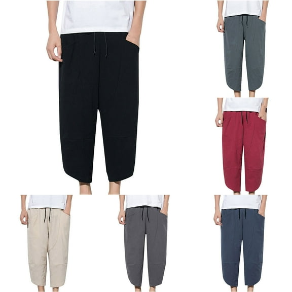 UVEASISHA Men's Linen Harem Capri Pants Big and Tall Hippie Capris Elastic Waist Casual Baggy Cropped Pants for Men Drawstring Loose Trousers with Pockets Beige L