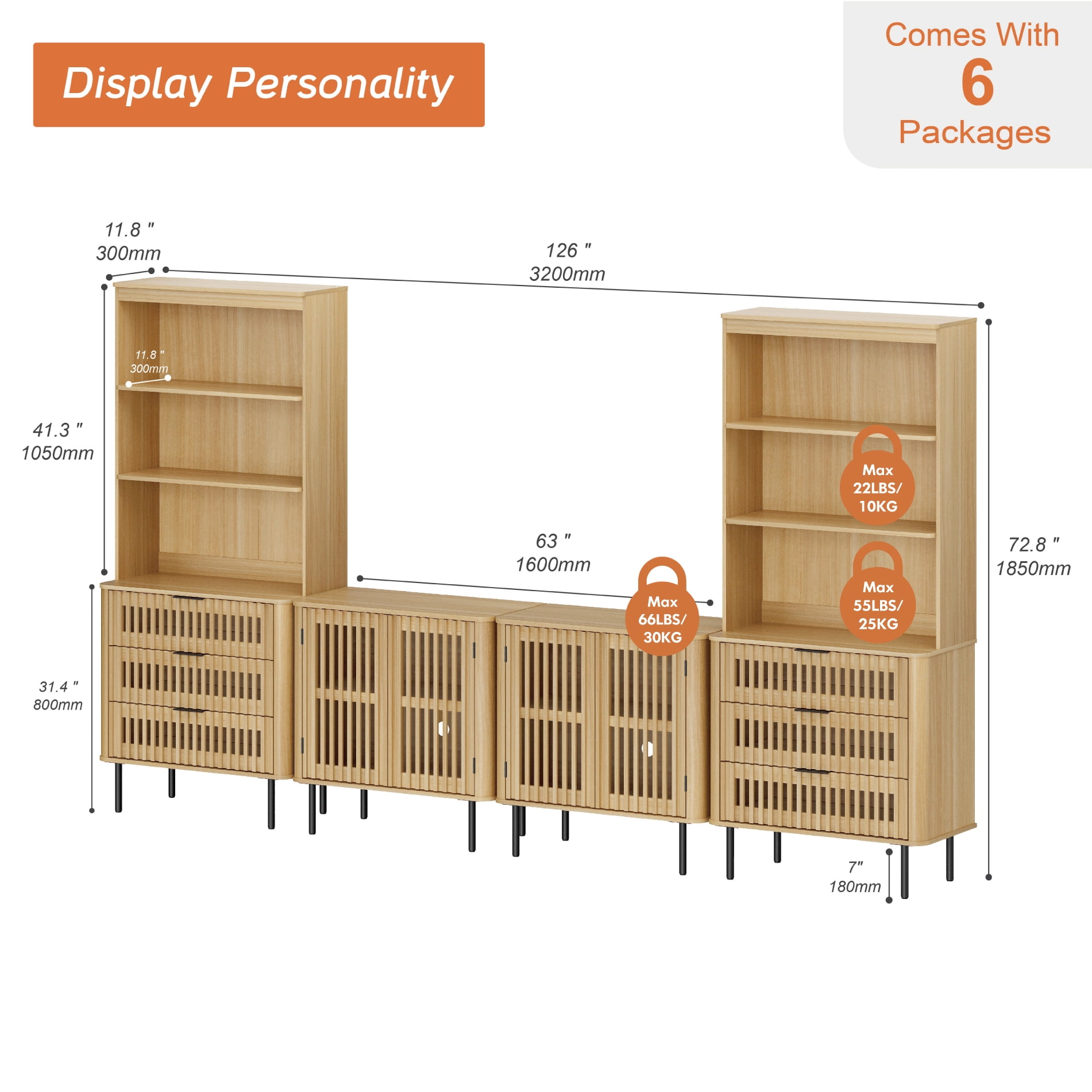 WAMPAT 72.8" Tall Bookshelf with Doors and Drawers, Modern Bookcase with Storage, Adjustable Shelves, Wood Storage Cabinet, Oak