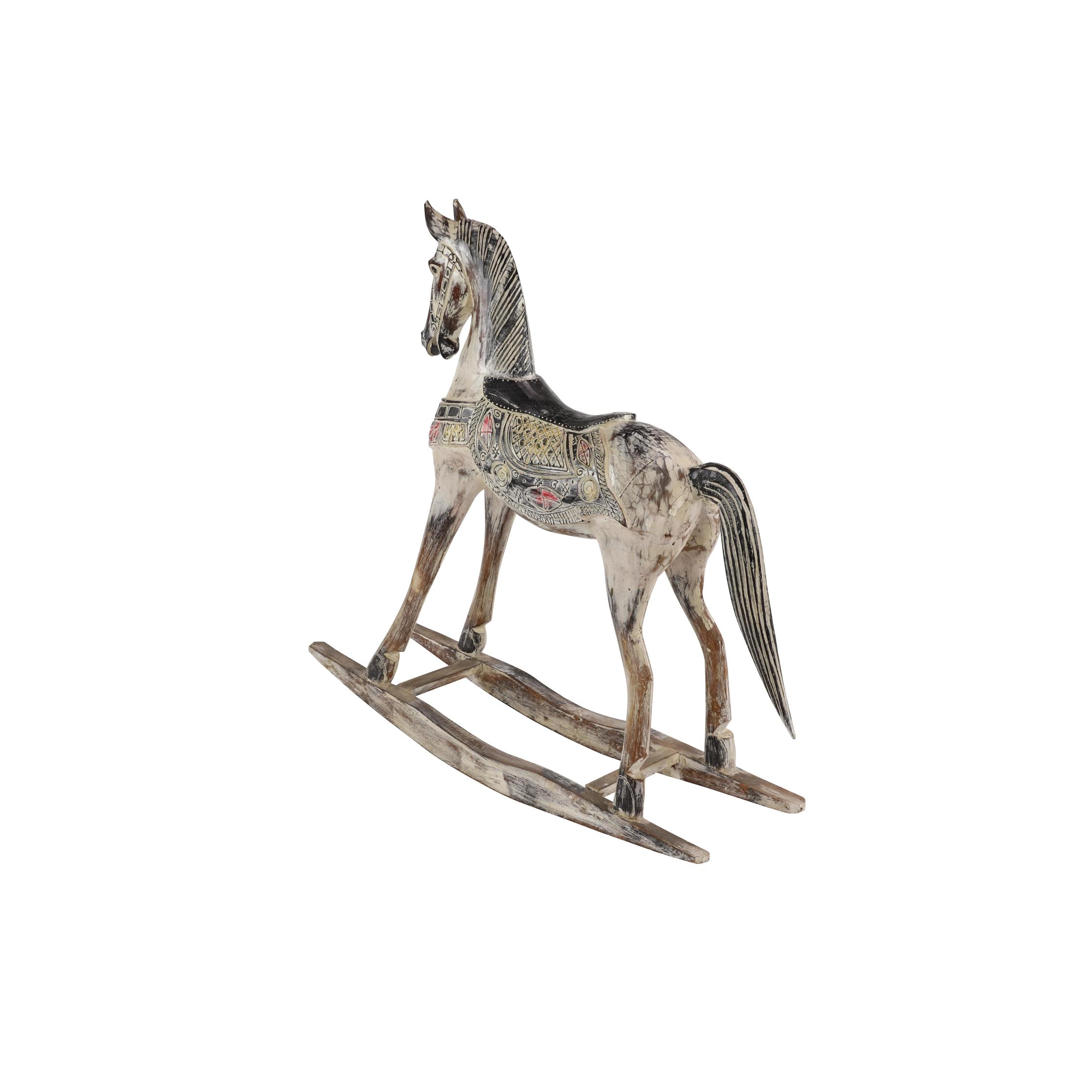 DecMode Beige Wood Horse Rocking Decorative Sculpture with Brown Distressing and Colorful Accents, 42" x 11" x 38"