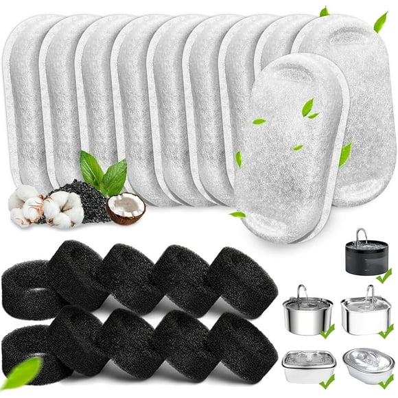 20Pack Cat Water Fountain Filters, Cat Fountain Replacement Filters for Stainless Steel 108oz/3.2L& 67oz/2L adjustable Water Flow Pet Water Fountain,Dog Water Fountain Filters(10 Filters& 10 Sponges)