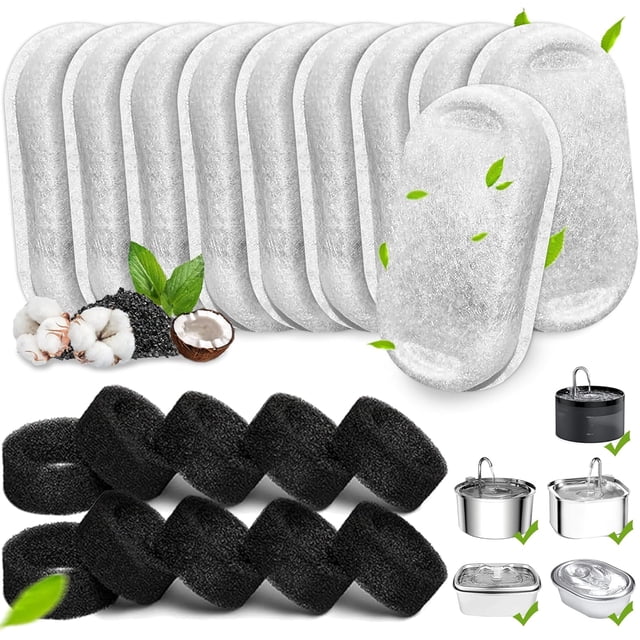 20Pack Cat Water Fountain Filters, Cat Fountain Replacement Filters for Stainless Steel 108oz/3.2L& 67oz/2L adjustable Water Flow Pet Water Fountain,Dog Water Fountain Filters(10 Filters& 10 Sponges)