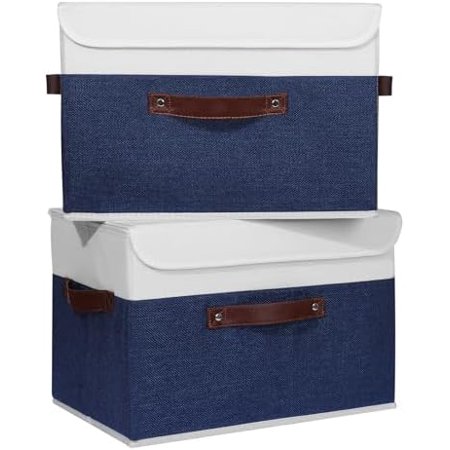 2PCS Storage Boxes with Lid Washable Decorative Storage Bin Basket with PU Leather Handle Foldable Linen Fabric Storage Cube Container for Home Closet Organizer - Deep Blue White Large Size