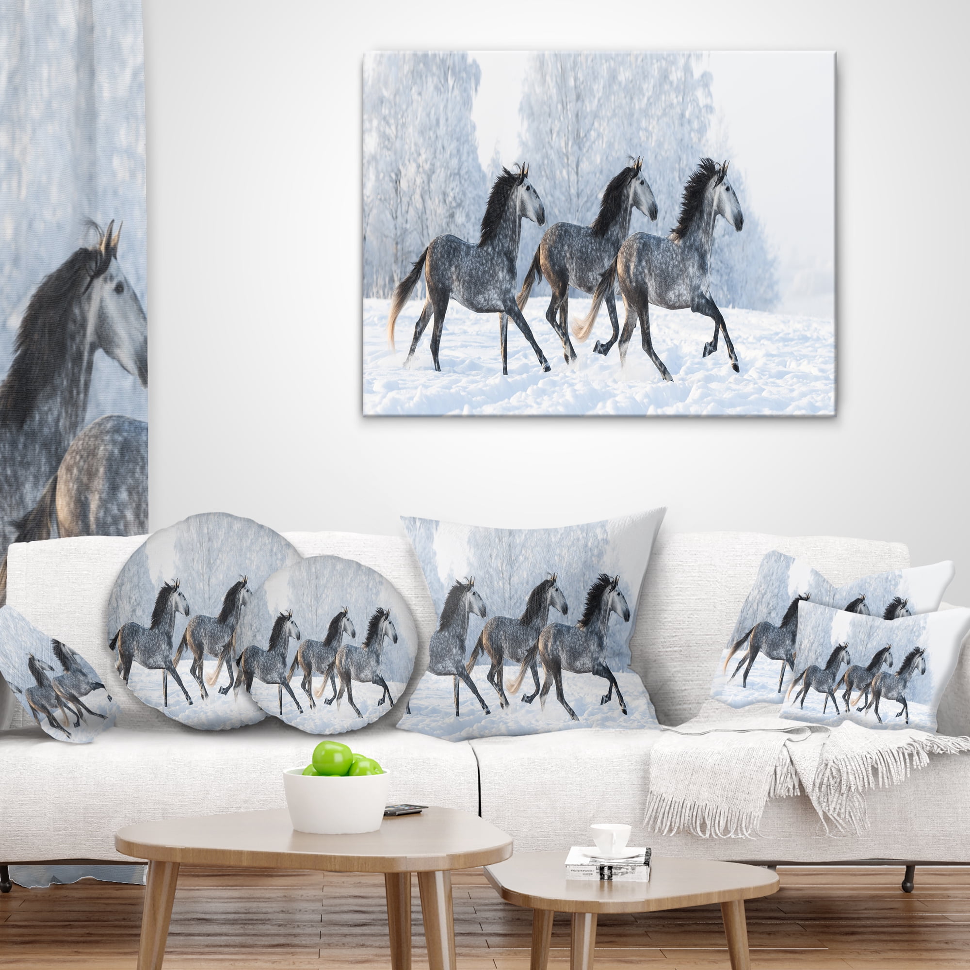 Designart Herd of Horses Run Across Snow - Landscape Printed Throw Pillow - 18x18