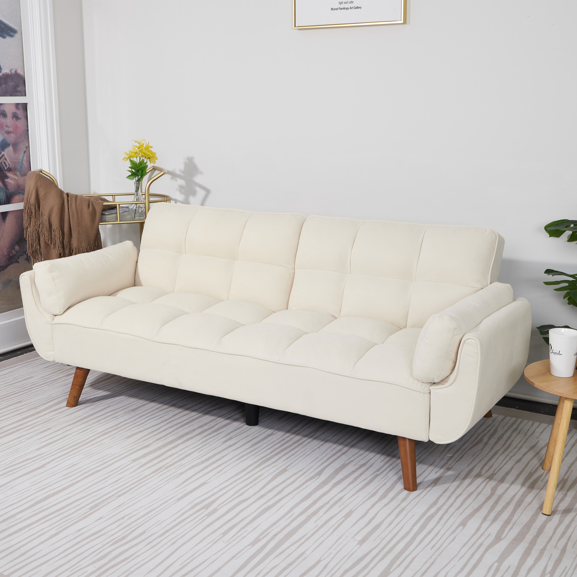 Gewnee Mid-Century Modern Beige Sofa - Solid Eucalyptus Wood Frame, 500 lbs Capacity, S-Shaped Springs for Apartments, Living Rooms, Studies