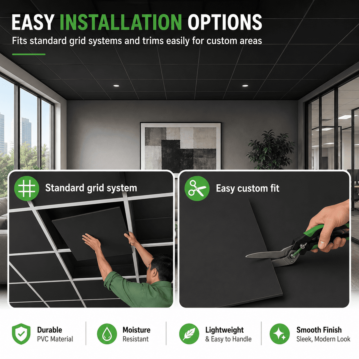 Yeslife 12-Pack 2ft x 2ft PVC Drop Ceiling Tiles, Black, Waterproof Reusable Planks for Home Office, 48 sq ft Cover