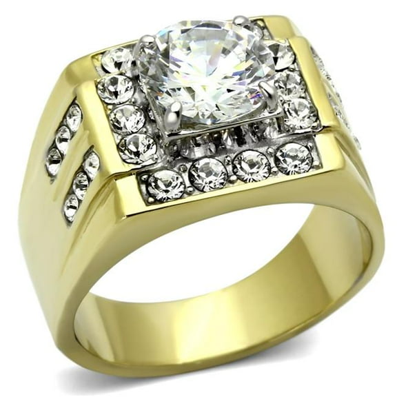 Men Two-Tone IP Gold Stainless Steel Ring with AAA Grade CZ in Clear - Size 10
