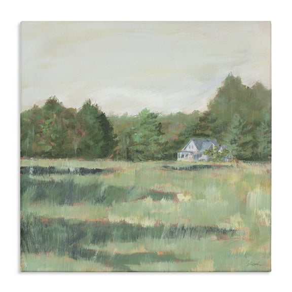 Stupell Industries Farmhouse Across Meadow Landscape Painting Gallery Wrapped Canvas Art Print Wall Art, 17 x 17