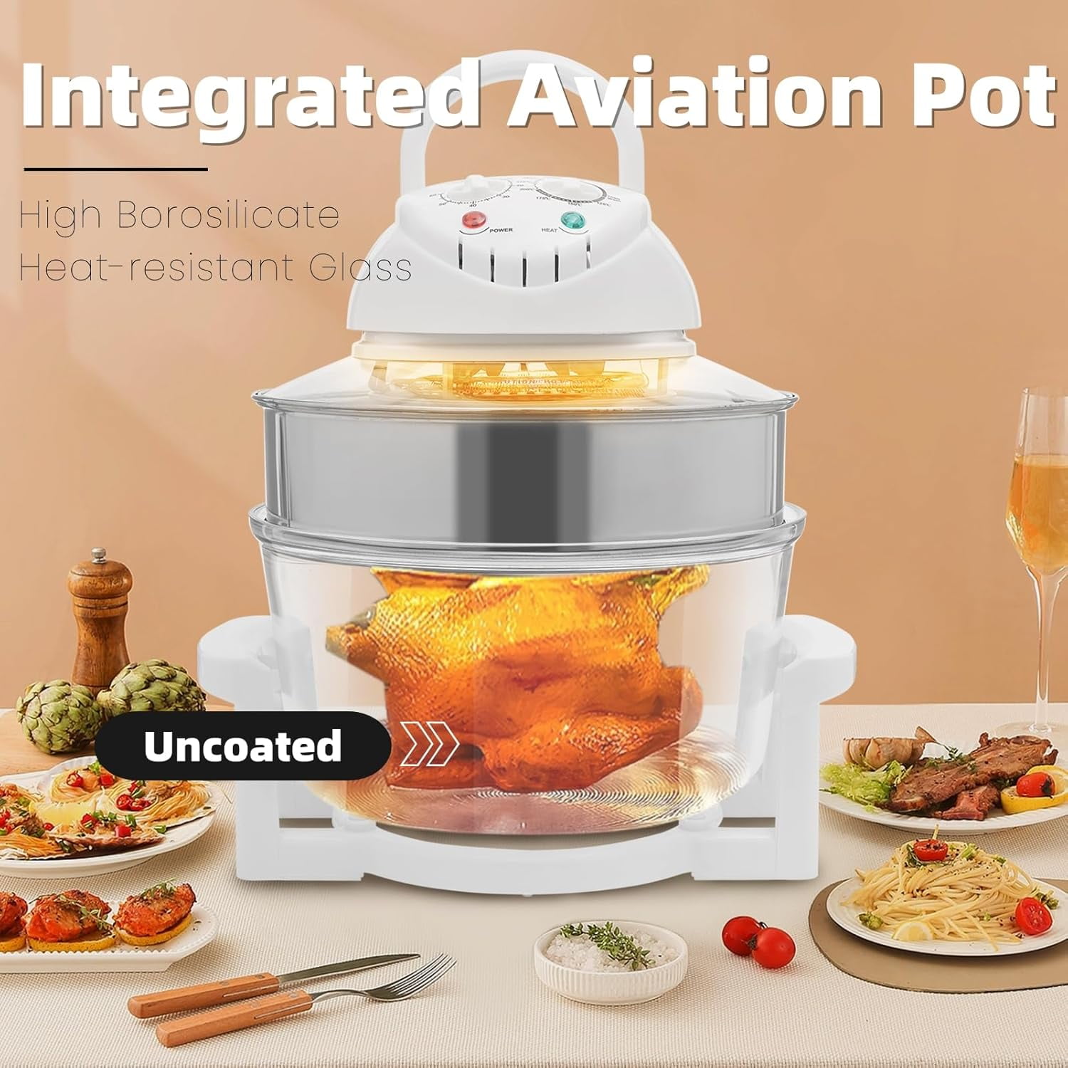 18Qt Extra Large Glass Air Fryer Non Toxic Air Fryer Portable 360 Visibility with High and Low Grills, Tongs, Expansion Ring for Home Kitchens, Dorms & Small Gatherings