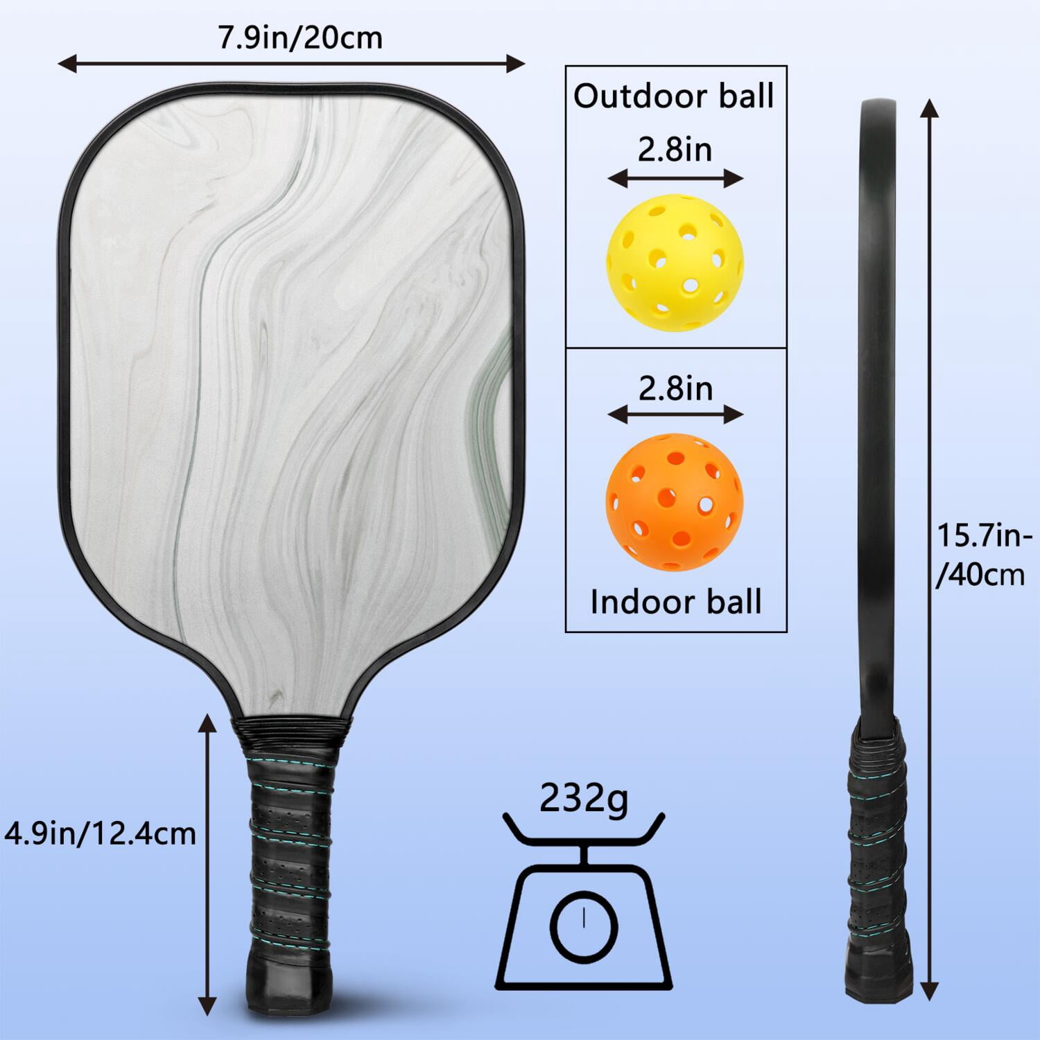 Pickleball Paddles Set Of 1, Fiberglass Surface, Turquoise Marble Pattern, 1 Paddle, 2 Balls & Bag