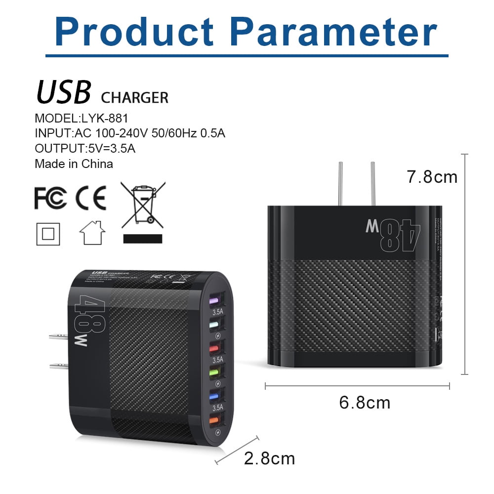 USB Wall Charger 48W 6-Port Fast Charging Block Adapter Plug for Tablet PC Mobile Phone