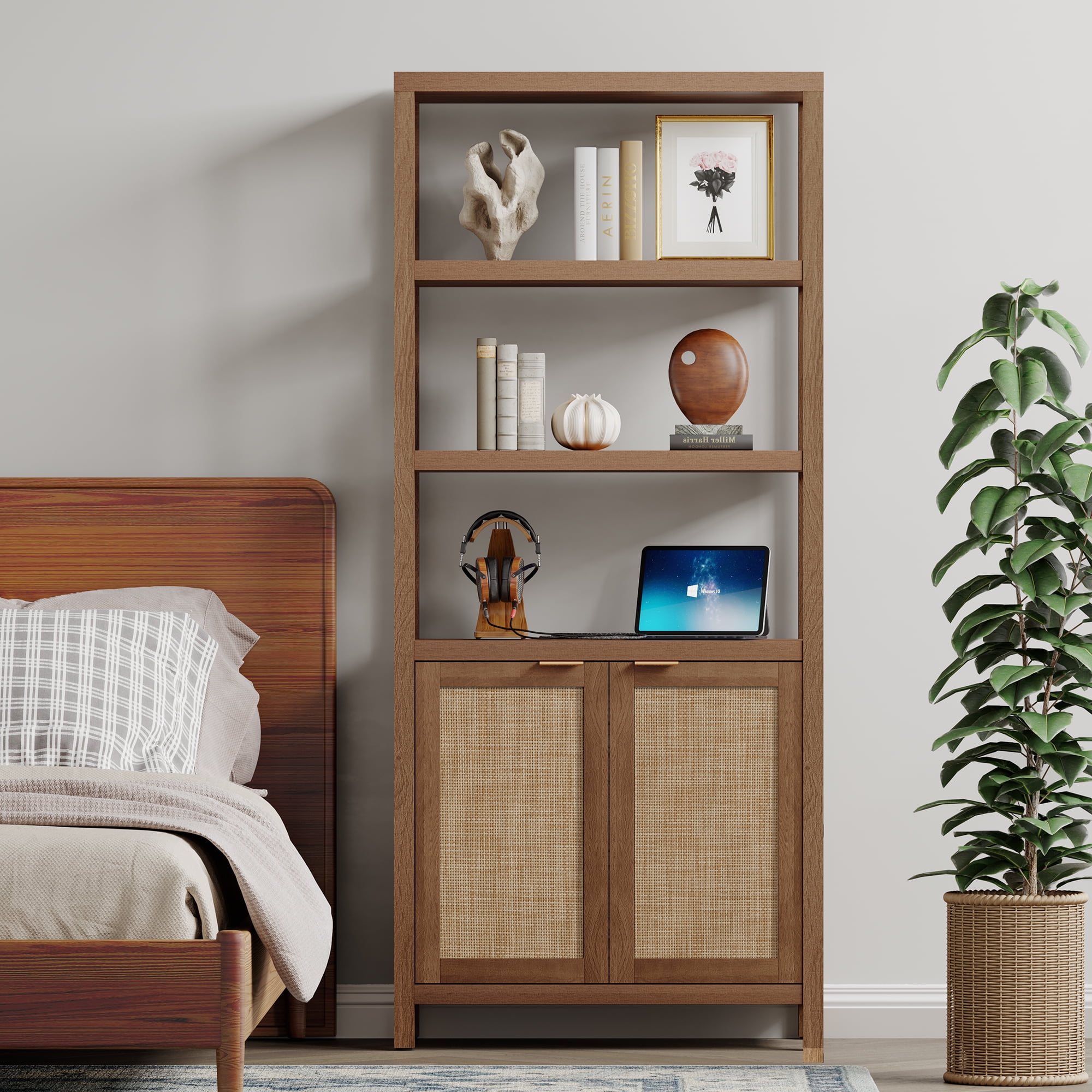 SICOTAS 71" Tall Bookcase with Doors, Boho 5 Tier Rattan Bookshelf Set of 3, Mid-Century Bookcase with Storage Cabinet for Living Room, Bedroom, Library & Home Office in Oak