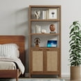 thumbnail image 4 of SICOTAS 71" Tall Bookcase with Doors, Boho 5 Tier Rattan Bookshelf Set of 3, Mid-Century Bookcase with Storage Cabinet for Living Room, Bedroom, Library & Home Office in Oak, 4 of 10