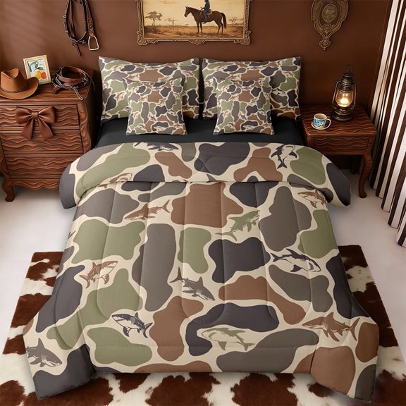 Erosebridal Green Camouflage 7-Piece Twin Bedding Sets,Cute Cartoon Shark Rustic Farmhouse Camo Bedding Comforter Set For Kids Boys,Reversible Black