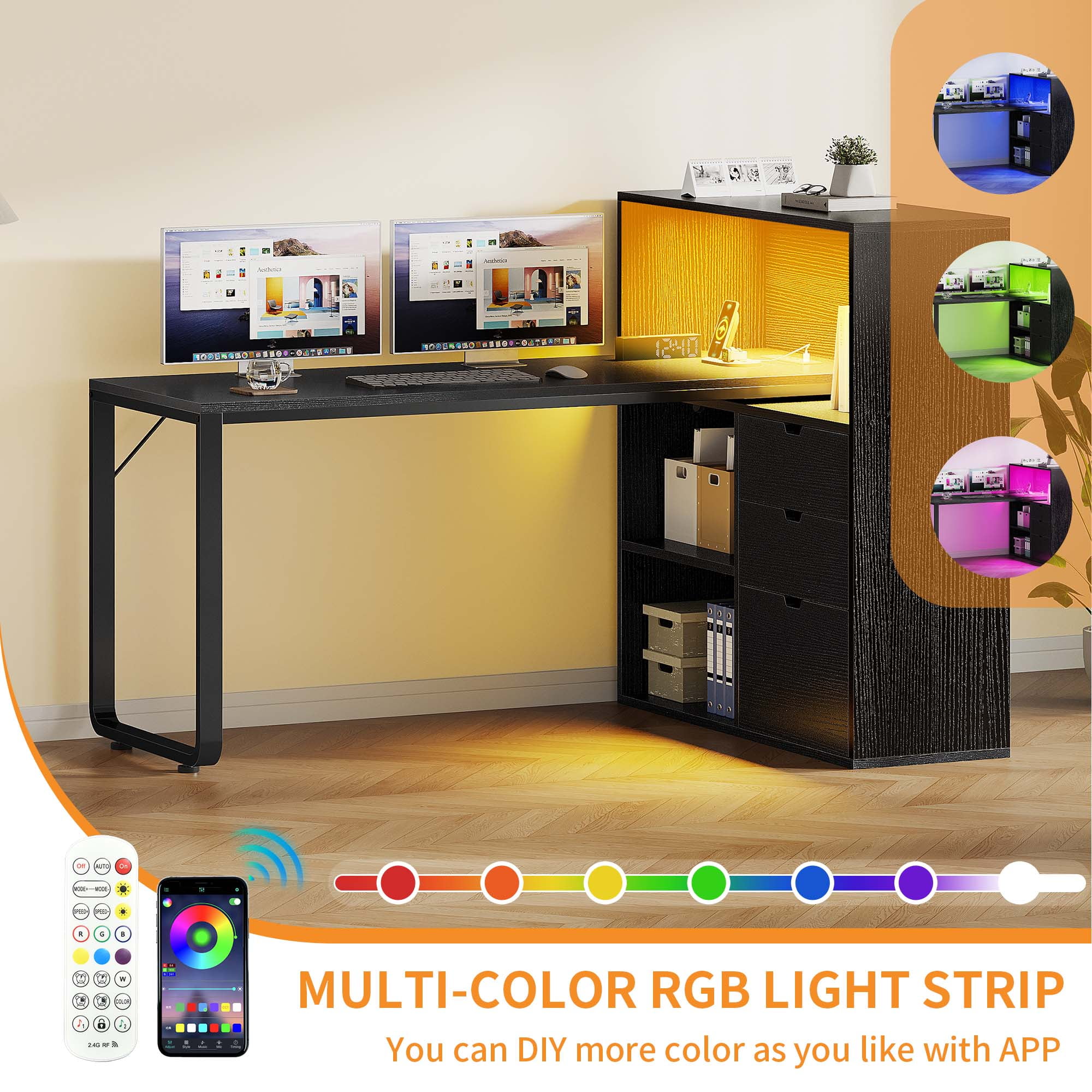 Craftian L Shaped Desk with Power Outlets & LED Lights, Computer Desk with 3 Drawers and 3 Storage Shelves, White Office Desk Corner Desk for Home Office, Black