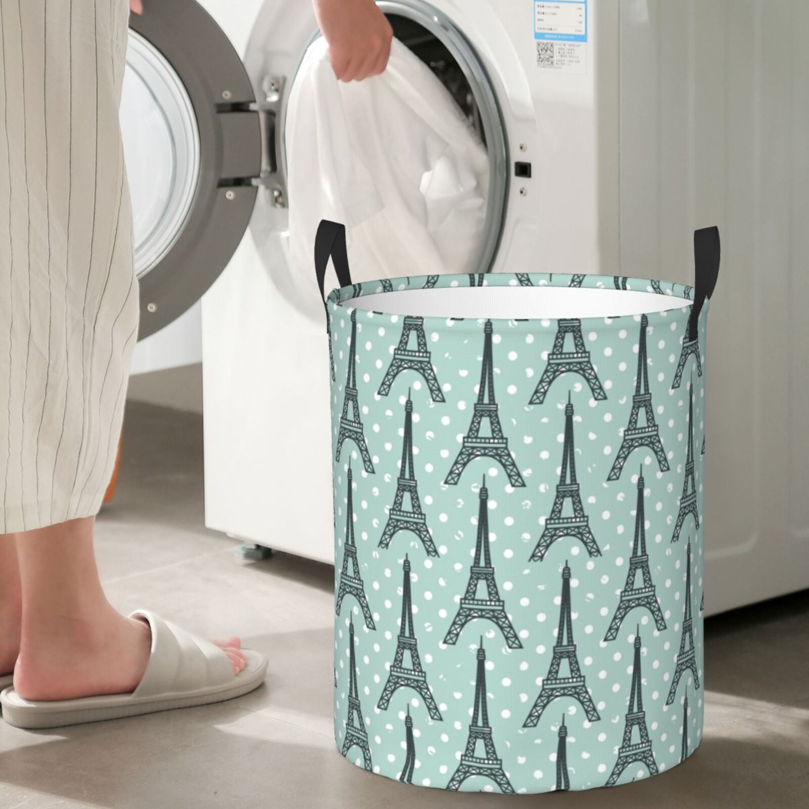 Large Laundry Basket with Handles - Eiffel Tower polka dots Kids Baby Dirty Clothes Laundry Hamper for Bedroom Aesthetic