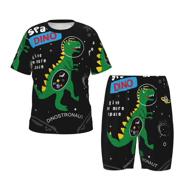 Balery Space Dino Cartoon Black Conjunto de Pijama Infantil de Manga Corta con Estampado – Ropa de Dormir de Algodón Suave-4X-Large