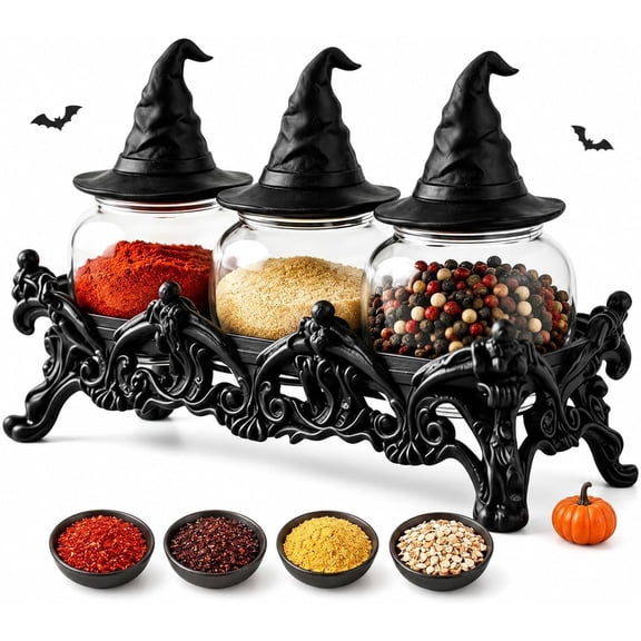 Witch Hat Spice Jars Set of 3 Airtight Glass with Stand for Kitchen and Halloween Decor