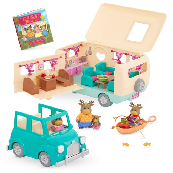 Liâl Woodzeez â 53 Pcs Happy Camper Playset â Moose Family, Detachable Toy Vehicle &amp; RV Trailer â Dollhouse Furnitures &amp; Accessories, Pretend Play Gift for Kids