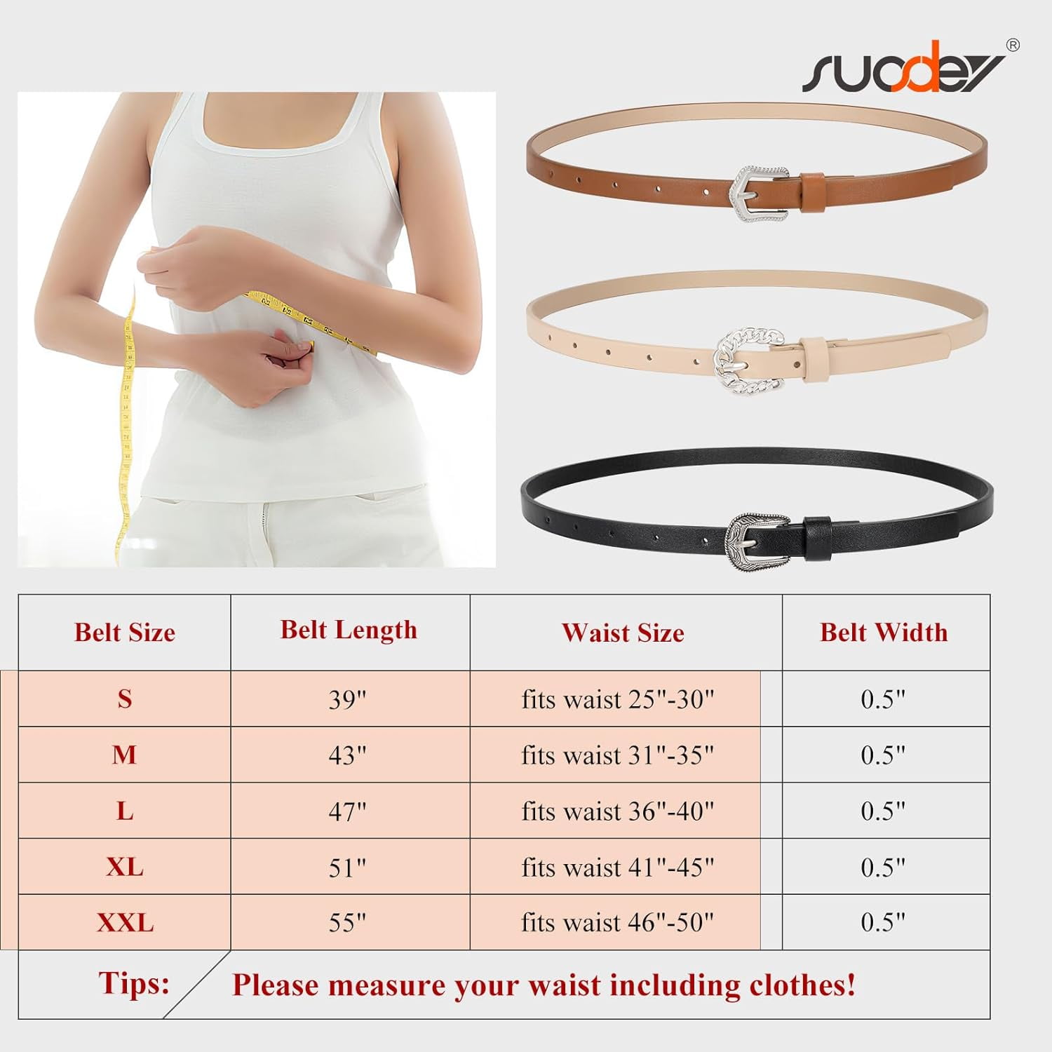 2233 Women Skinny Leather Belt For Dress Pants Jeans Ladies Thin Waist 3 Pack Women Skinny Leather Belt for Dresses Thin Leather  main image 3