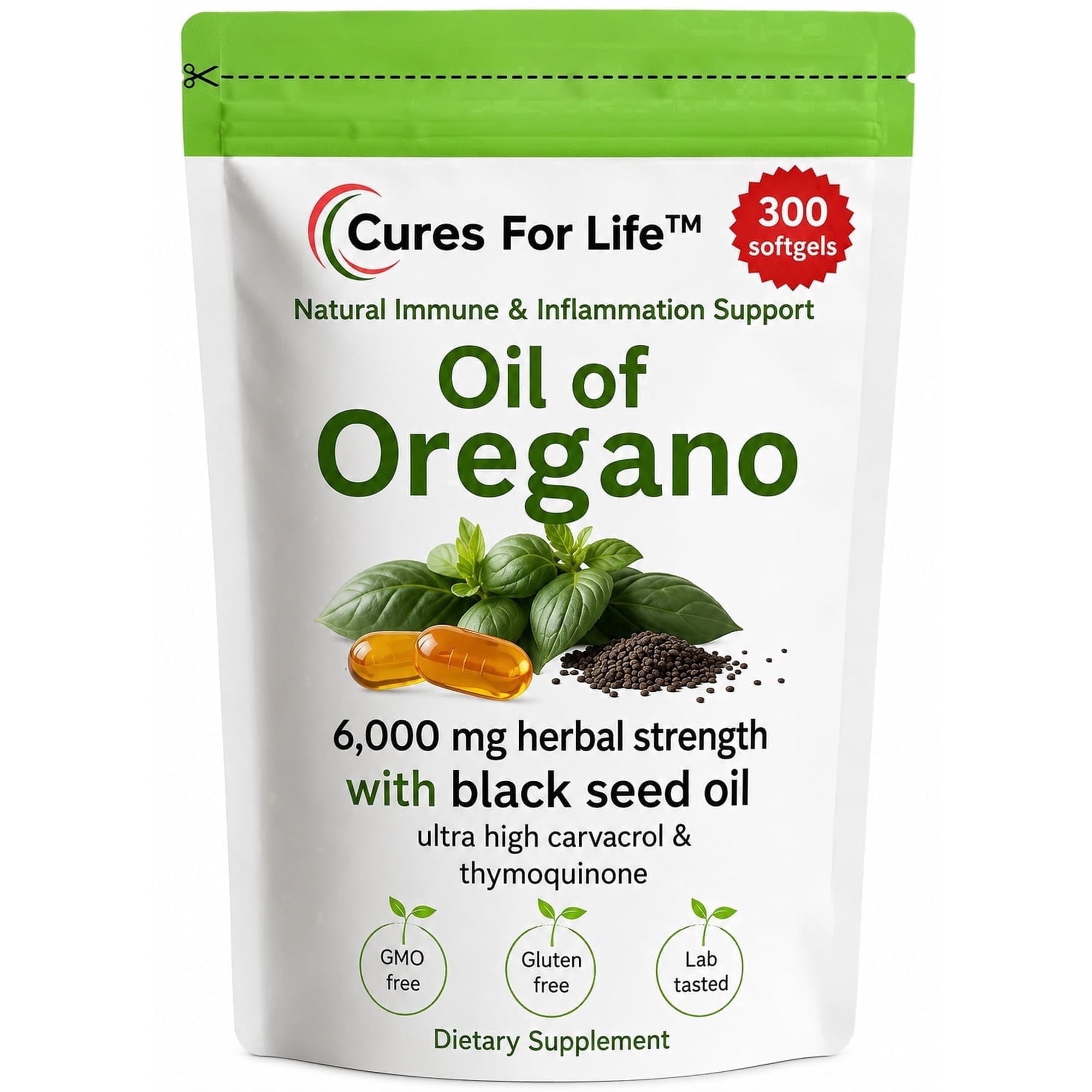 Oil of Oregano Softgels – 6000mg High Potency with 165mg Carvacrol & 200mg Black Seed Oil – 2-in-1 Immune Support & Digestive Health – 300 Softgels – Oregano Oil Capsules Supplement