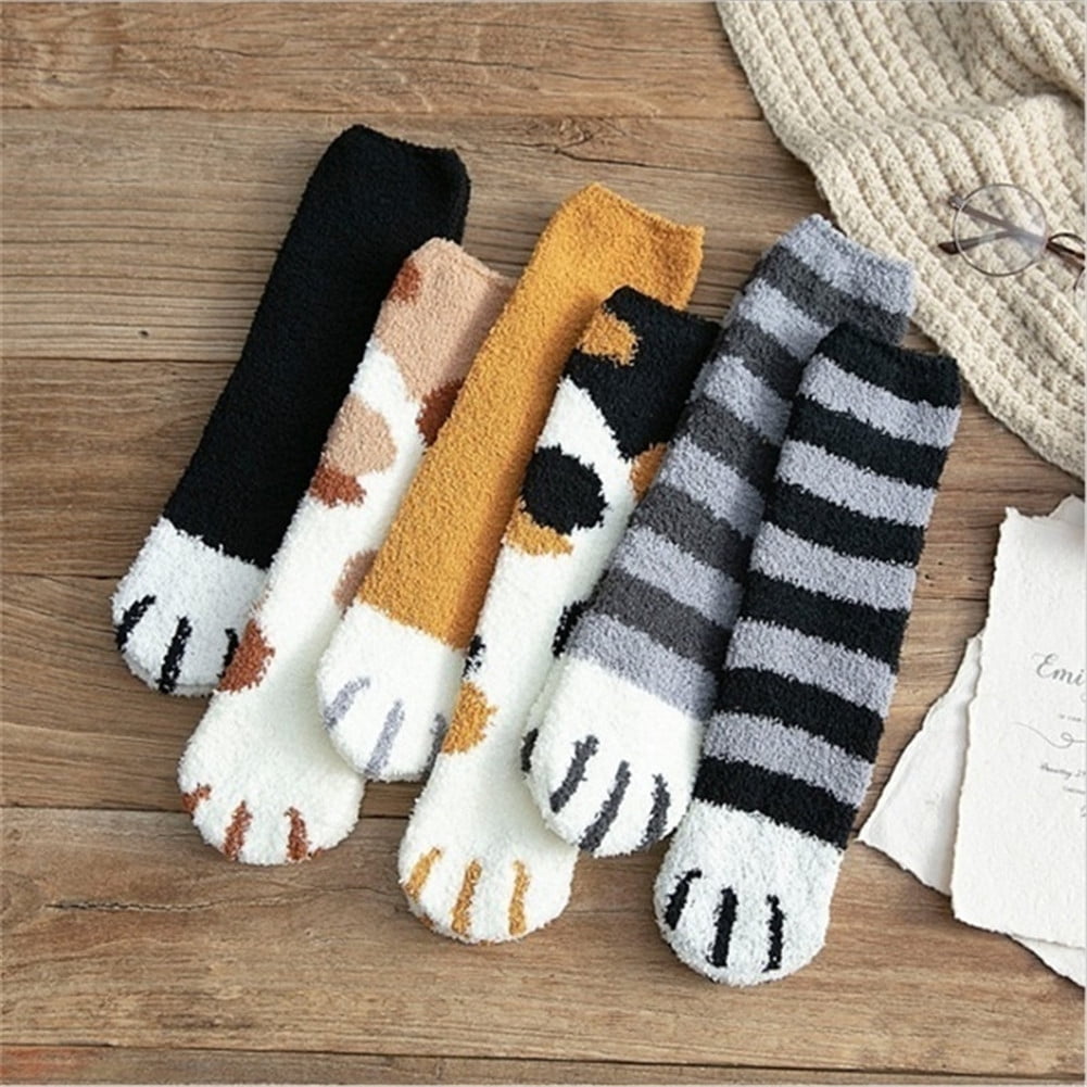 Women Fuzzy Fluffy Cozy Slipper Socks Winter Warm Plush Home Lovely Bear Cat Claw Soft Sleeping Socks 