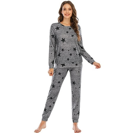 

Womens Pajama Set Long Sleeve Sleepwear Stars Print Nightwear Soft Pjs Lounge Sets with Pockets Spring And Autumn