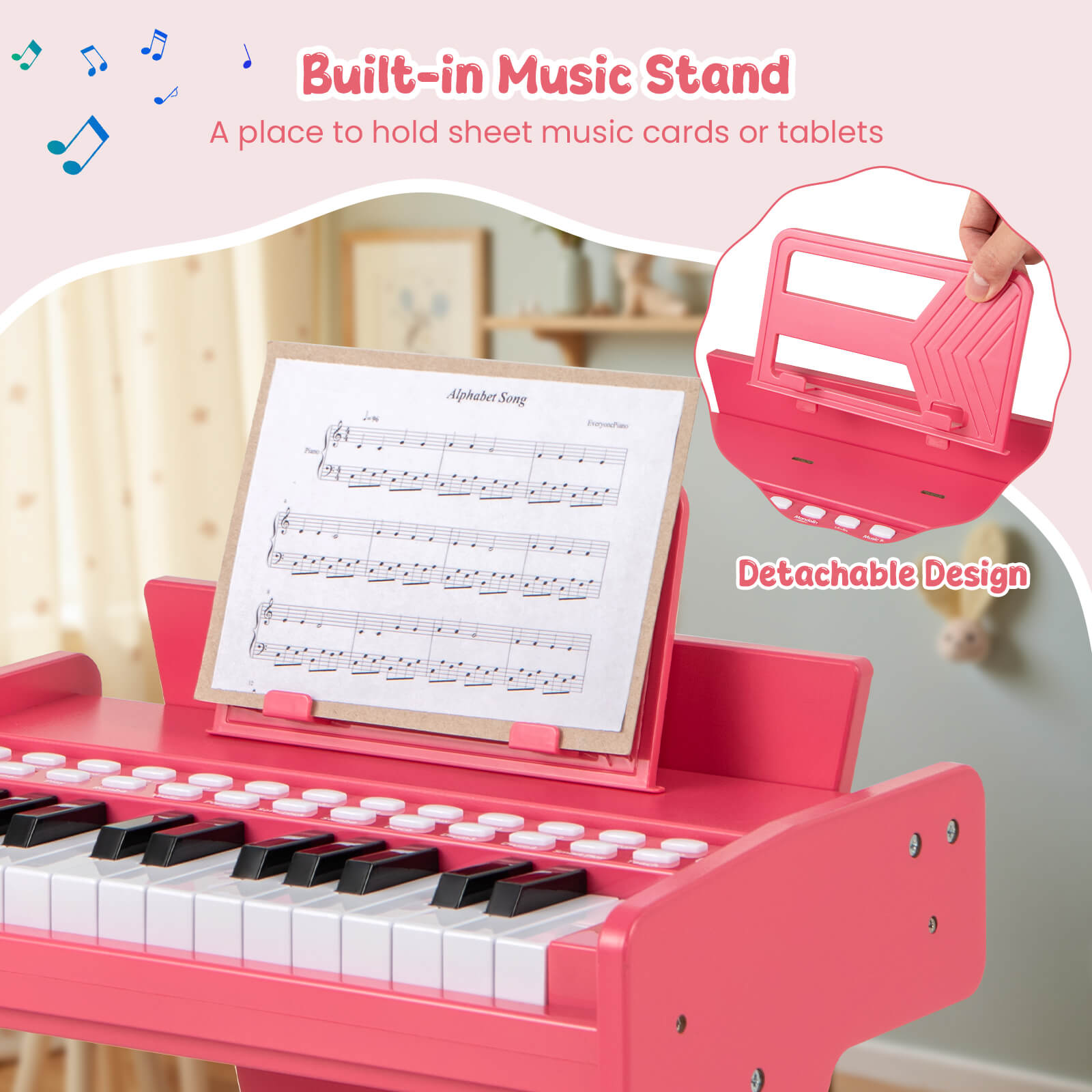 Costway 25 Keys Digital Piano with Music Stand,Teaching Mode,Lighted Keys, Adjustable Speed Pink