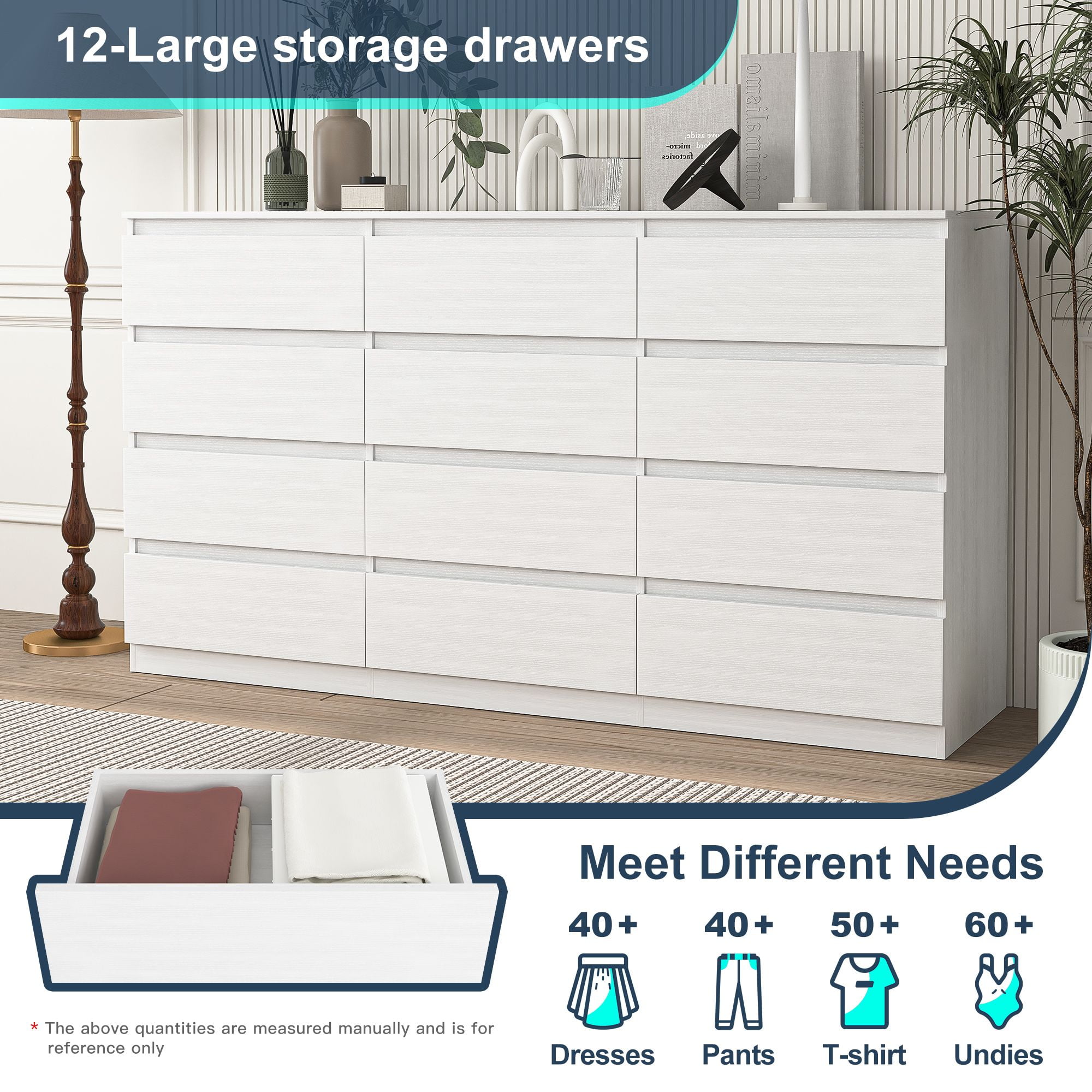 Finihen 12 Drawer Double Dresser, Modern 12 Chest of Drawers with Deep Drawers, Wide Storage Organizer Cabinet for Living Room, Kids, White