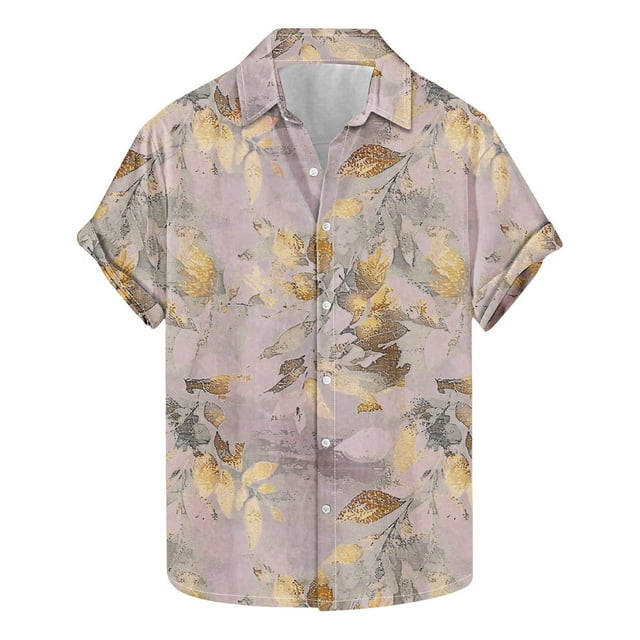 Camisas de Manga Corta de los Hombres Casual Hoja Impresión Solapa Superior, Mezcla de Poliéster/Spandex de la Moda para la Fiesta Y la Playa