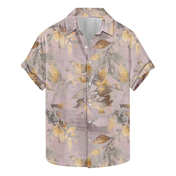 Camisas de Manga Corta de los Hombres Casual Hoja Impresión Solapa Superior, Mezcla de Poliéster/Spandex de la Moda para la Fiesta Y la Playa