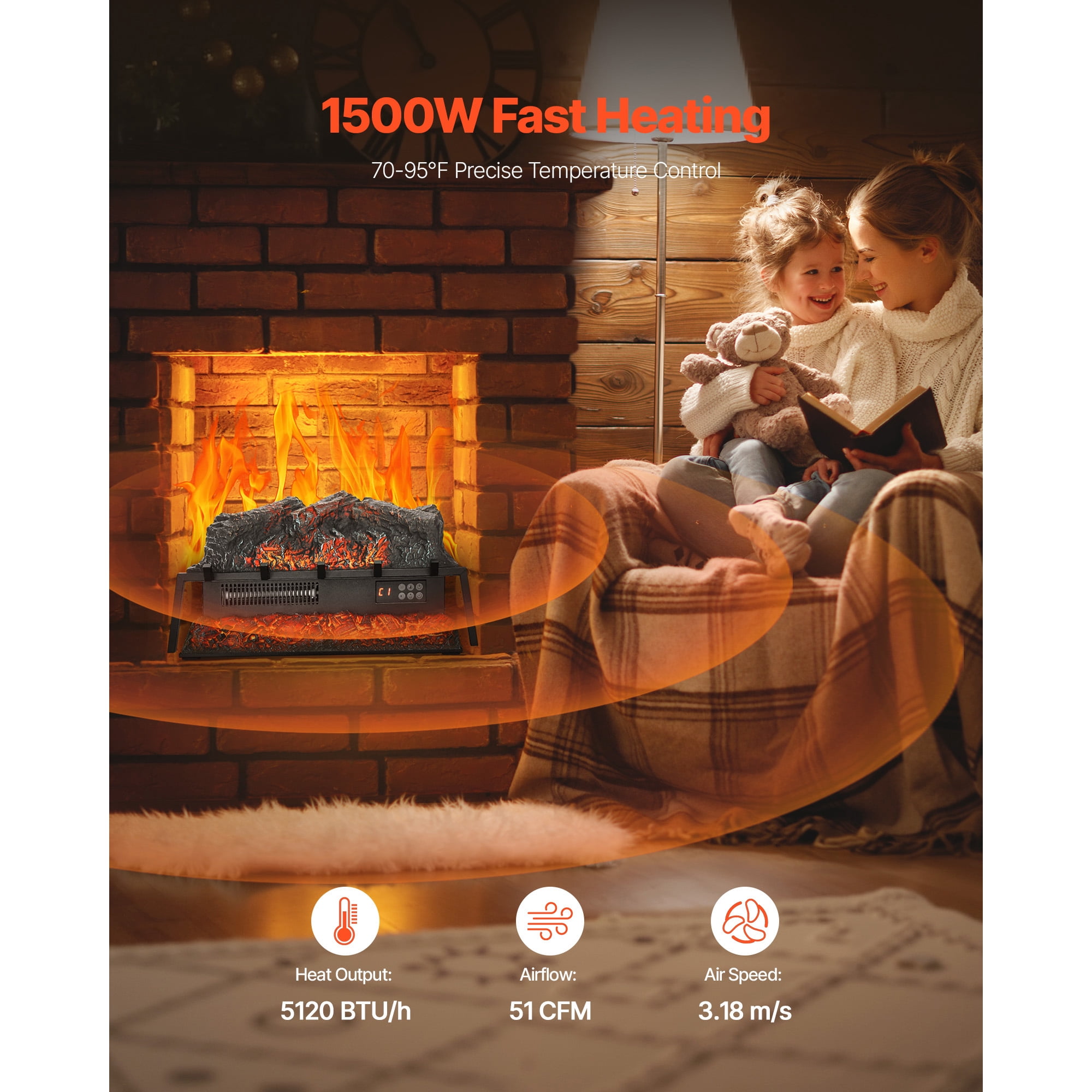KFFKFF Electric Fireplace Log Heater, 25-Inch Insert with Crackling Sound, Remote Control, Adjustable Flame Brightness, Timer, Overheat Protection, and Thermostat for Home Decoration, Black