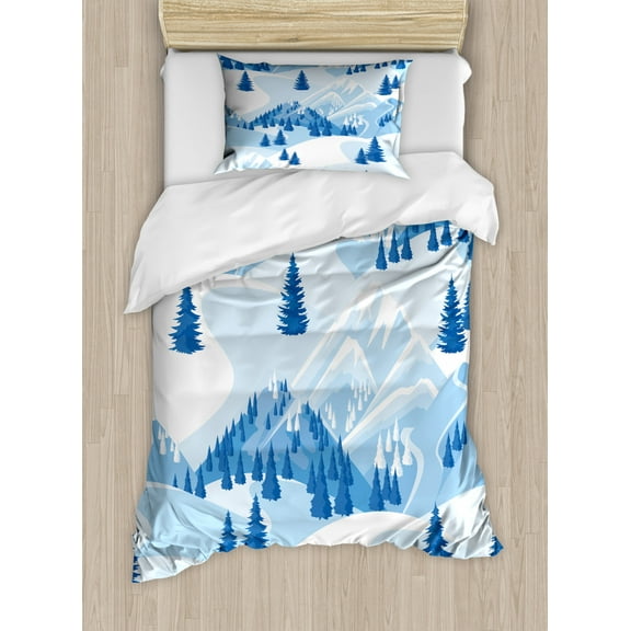 Northwoods Duvet Cover Set Twin Size, Snowy Mountains and Fir Forest Winter Adventure Pastoral Landscape, Decorative 2 Piece Bedding Set with 1 Pillow Sham, Blue Baby Blue White, by Ambesonne