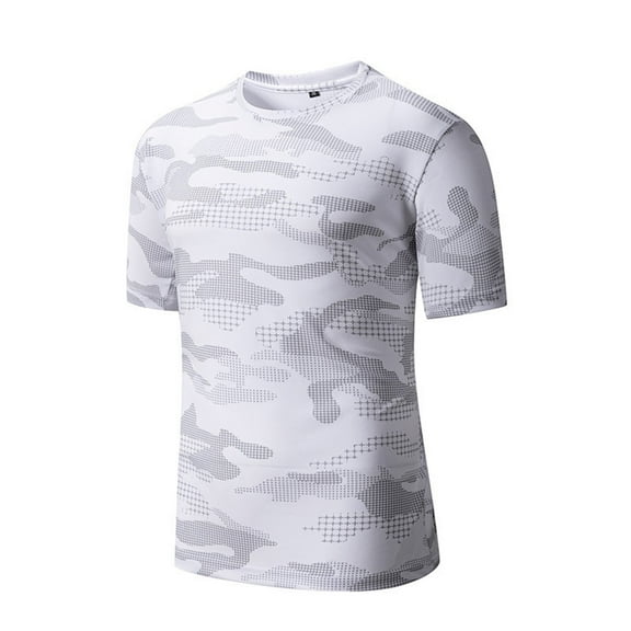 TANGQIOP Men T-Shirts Short Sleeve Ice Silk Quick Dry Loose Casual Camouflage Thin Crew Neck Moisture Wicking Breathable White XL