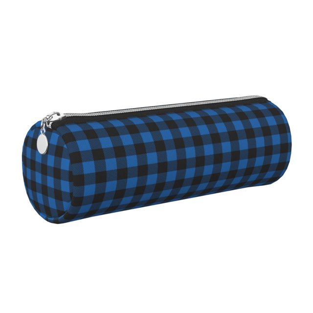 Easygdp Blue Black Plaid para Estuche de Lápices Cilíndrico de Cuero con Cremallera, Organizador de Lápices de Cuero para Escuela, Oficina y Viajes