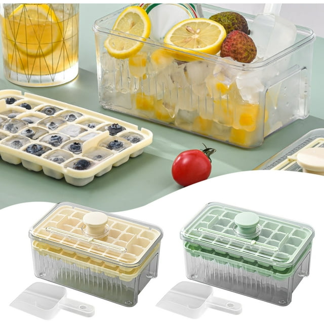 Bandeja para cubos de hielo con tapa y contenedor de almacenamiento - 56 cubitos cuadrados, diseño apilable de fácil liberación para congelador, verde y beige
