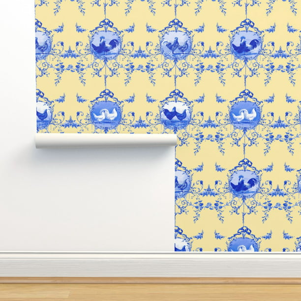 Commercial Grade Wallpaper 27ft x 2ft - Rococo Cottage Chickens French  Country Blue White Toile Traditional Wallpaper by Spoonflower 