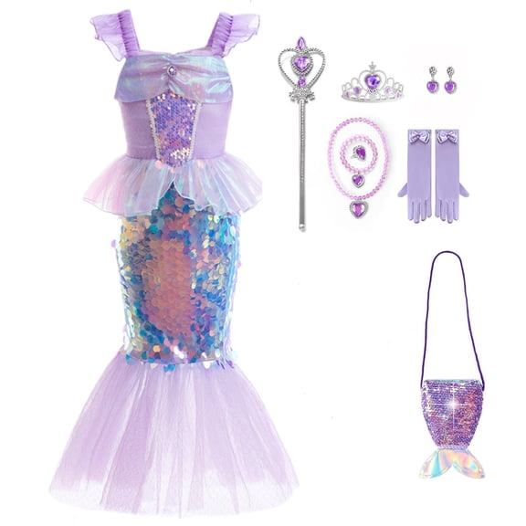 【Uhome】11Pcs Little Girls Princess Mermaid Costume for Girls Dress Up with Accessory for Christmas Birthday Party Supplies